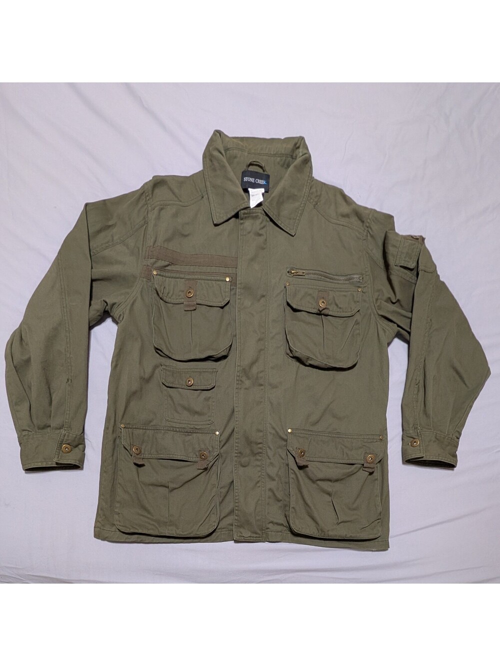 Stone Creek Men’s Utility Field Jacket L Olive Green Cotton Multi-Pocket Safari